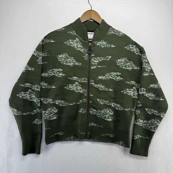 Gymshark Jacket Women's Small Green Zip Adapt Camo Seamless Cropped Training Gym - Picture 1 of 14